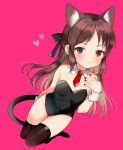  1girl animal_ears bare_shoulders black_leotard black_ribbon blush bow breasts brown_eyes brown_hair cat_ears cat_tail closed_mouth covered_navel detached_collar dot_nose fake_animal_ears fake_tail fishnet_thighhighs fishnets hair_bow hair_ribbon half_updo hand_on_own_chest hand_up heart idolmaster idolmaster_cinderella_girls idolmaster_cinderella_girls_starlight_stage idolmaster_cinderella_girls_u149 kneeling leotard long_hair looking_at_viewer necktie pink_background red_nails red_necktie ribbon shima(kanidess) simple_background small_breasts solo tachibana_arisu tail thighhighs white_wrist_cuffs 