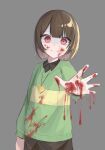  1other absurdres androgynous arm_at_side black_pants black_shirt black_undershirt blood blood_on_clothes blood_on_face blood_on_hands blood_splatter blunt_bangs blunt_ends bob_cut broken_glass brown_hair chara_(undertale) closed_mouth collared_shirt commentary constricted_pupils crazy_eyes dripping glass gold_necklace green_sweater grey_background heart heart_necklace heart_pendant highres jewelry locket long_sleeves looking_at_viewer necklace pants pendant reaching reaching_towards_viewer red_eyes ringed_eyes shirt shirttail simple_background single_horizontal_stripe smile solo sweater umasuki undertale untucked_shirt upper_body v-neck wide-eyed yellow_sweater 