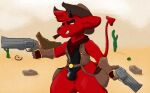  anthro bulge cigar clothing cowboy_hat demon dual_wielding fur gremile_&#039;hotshot&#039; gun handgun hat headgear headwear holding_object holding_weapon imp kings_of_hell male martenblaise pistol ranged_weapon red_body red_eyes red_fur smoking solo spade_tail tail weapon yellow_sclera 