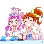  2girls animal_on_head animal_print artist_name barefoot bed_sheet blue_hairband blue_shirt casual commentary controller elbow_rest facing_viewer fish_print frown grin hair_ribbon hairband head_rest highres jewelry kururun_(precure) laura_la_mer legs_up long_hair looking_at_viewer loungewear medium_hair multiple_girls natsuumi_manatsu off-shoulder_shirt off_shoulder on_bed on_head open_mouth pillow pink_shorts precure print_shirt remote_control ribbon ring shirt shorts side-by-side side_ponytail signature simple_background smile sweatdrop t-shirt tropical-rouge!_precure v-shaped_eyebrows white_background white_shirt yellow_ribbon zerolay 