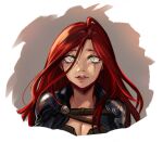  1girl black_jacket breasts brown_background cleavage green_eyes highres jacket katarina_(league_of_legends) large_breasts league_of_legends long_hair looking_at_viewer open_clothes open_jacket red_hair scar scar_across_eye shinaa_(maddynshinaa) shiny_skin shoulder_plates skull_print solo tearing_up white_background 