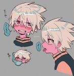  1boy blush clenched_teeth hair_between_eyes highres hitodama jacket male_focus menma_(enaic31) red_eyes sharp_teeth short_hair soul_eater soul_evans speech_bubble sweatdrop teeth tongue tongue_out translation_request twitter_username variations white_hair 