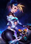  1girl akali ass black_gloves black_hair blonde_hair blue_eyes breasts crop_top cropped_jacket earrings eyeshadow fingerless_gloves gloves headwear_removed helmet helmet_removed holding holding_weapon jacket jewelry k/da_(league_of_legends) league_of_legends lips long_hair looking_at_viewer makeup medium_breasts motor_vehicle motorcycle multicolored_hair nixri off_shoulder open_clothes open_jacket pants ponytail solo the_baddest_akali tight_clothes tight_pants triangle_earrings two-tone_hair weapon 