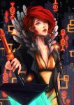  1girl black_coat blue_eyes coat collarbone dress english_commentary feather_collar glowing glowing_sword glowing_weapon highres huge_weapon lipstick makeup meriimerodii nail_polish red_(transistor) red_hair short_hair solo the_transistor transistor_(game) weapon yellow_dress yellow_nails 