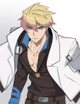  1boy aqua_eyes ark1478 bishounen blonde_hair guilty_gear guilty_gear_strive highres ky_kiske long_sleeves looking_at_viewer male_focus pectorals short_hair simple_background 