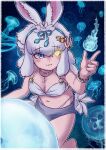  1girl :3 absurdres animal animal_ears bikini blue_eyes blush_stickers border bracelet breasts cleavage closed_mouth crescent crescent_hair_ornament glowing glowing_eye grey_hair hair_between_eyes hair_ornament hairband hand_up heterochromia highres jellyfish jewelry kemono_friends kemono_friends_3 layered_bikini layered_clothes leaning_forward long_hair looking_at_another medium_breasts navel official_alternate_costume pendant rabbit_ears smile stomach swimsuit toriny tsukuyomi_shinshi_(kemono_friends) white_border yellow_eyes 