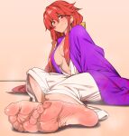 1girl absurdres barefoot bow breasts closed_mouth commentary_request commission feet foot_focus foreshortening full_body hair_between_eyes hair_bow highres japanese_clothes kimono kotohime_(touhou) large_breasts leaning_to_the_side light_brown_background long_hair looking_at_viewer no_bra on_ground open_clothes open_kimono purple_kimono red_eyes red_hair shadow shiny_skin sidelocks sitting skeb_commission smile soles solo steaming_body sweat sweatdrop terumaeromae toenails toes touhou white_kimono yellow_bow 