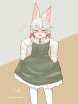  1girl absurdres animal_ears bangs brown_background dress feet_out_of_frame fei_ren_zai frilled_dress frills goose_g3 green_dress hair_ribbon highres holding holding_clothes holding_dress long_hair long_sleeves looking_at_viewer neck_ribbon open_mouth pantyhose rabbit_ears rabbit_girl red_eyes red_ribbon ribbon solo white_hair white_pantyhose xiaoyu_(fei_ren_zai) 