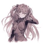  1girl aiba_ryosuke averting_eyes blush breasts closed_mouth commentary cropped_torso eyelashes hair_between_eyes hairpods hand_in_own_hair interface_headset long_hair medium_breasts monochrome neon_genesis_evangelion pilot_suit plugsuit simple_background skin_tight solo souryuu_asuka_langley 