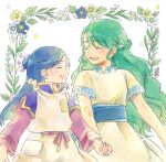  2girls blue_hair closed_eyes dress facing_another flower holding_hands honzuki_no_gekokujou long_hair maine_(honzuki_no_gekokujou) multiple_girls shihori_(light_prawn) short_sleeves siblings sidelocks sisters tuuli_(honzuki_no_gekokujou) wavy_hair white_background 