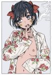  1girl blue_eyes blue_hair blush border bow breasts buttons cigarette collared_shirt dark_blue_hair eyelashes floral_print grey_background hair_bow holding holding_cigarette light_blue_background long_sleeves looking_to_the_side navel nipples no_bra open_clothes open_mouth open_shirt original outside_border print_shirt red_bow rose_print ryuushi shirt short_hair sideways_glance simple_background sleeves_past_fingers sleeves_past_wrists small_breasts smoke_trail smoking solo stomach teeth unbuttoned upper_body upper_teeth_only white_border white_shirt 