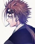  1boy black_jacket cigarette collared_shirt earrings facial_mark facing_to_the_side final_fantasy final_fantasy_vii final_fantasy_vii_remake goggles goggles_on_head hair_between_eyes hair_tie jacket jewelry low_ponytail male_focus profile reno_(ff7) shirt short_hair_with_long_locks sketch smoke smoking solo suit_jacket ttnoooo upper_body white_shirt 