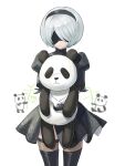  1girl 2b_(nier:automata) arinsu_(kodamamaimai) black_blindfold black_dress black_hairband black_thighhighs blindfold boots breasts covered_eyes dress feather-trimmed_sleeves feather_trim gloves hairband holding holding_stuffed_toy juliet_sleeves long_sleeves mole mole_under_mouth nier:automata nier_(series) panda puffy_sleeves short_hair solo stuffed_animal stuffed_panda stuffed_toy thighhighs thighhighs_under_boots white_hair 