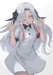  1girl absurdres black_flower claw_pose collared_dress cowboy_shot dress flower grey_dress grey_eyes grey_hair hair_flower hair_ornament hair_over_one_eye hands_up highres isekai_joucho kamitsubaki_studio long_hair looking_at_viewer multicolored_hair neko_hiiragi parted_lips red_hair short_sleeves simple_background smile solo two-tone_hair virtual_youtuber white_background 