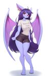  absurd_res acrystra anthro bat bat_wings bottomwear breasts clothed clothing ear_piercing ear_ring female front_view fully_clothed fur hair hi_res long_hair mammal membrane_(anatomy) membranous_wings nude piercing purple_body purple_fur purple_hair red_eyes ring_piercing shirt simple_background skirt smile solo standing t-shirt topwear white_background wings yorzis 