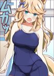  1girl alternate_costume animal_ears aqua_eyes bare_arms blonde_hair blue_bow blue_one-piece_swimsuit blush bow breasts collarbone commentary_request cowboy_shot ear_ribbon gold_city_(umamusume) highres horse_ears horse_girl horse_tail large_breasts long_hair looking_at_viewer one-piece_swimsuit open_mouth pool solo swimsuit tail tracen_swimsuit translation_request umamusume wahiko_(black_bastard) 