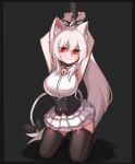  1girl animal_ears antenna_hair arm_above_head bell black_border black_bow black_corset black_thighhighs border bound bound_arms bow breasts cat_ears cat_girl cat_tail closed_mouth copyright_request corset dress frilled_dress frills grey_background highres hwaryeok jingle_bell large_breasts long_hair neck_bell red_eyes shirt sleeveless sleeveless_dress solo tail thighhighs very_long_hair white_dress white_shirt 