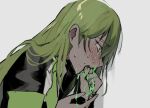  1boy black_jacket blush collared_shirt crying enkephalin_(project_moon) green_hair green_necktie jacket lobotomy_corporation long_hair long_sleeves male_focus mu46016419 necktie netzach_(project_moon) open_mouth project_moon shirt solo tongue very_long_hair white_shirt 