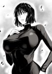 1girl absurdres breasts covered_nipples dress fubuki_(one-punch_man) greyscale hand_on_own_chest highres iwao178 large_breasts looking_at_viewer medium_hair monochrome one-punch_man parted_lips solo tight_clothes tight_dress 