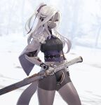  1girl android belt colored_skin grey_skin highres holding holding_sword holding_weapon ichiyon joints long_hair original robot_joints science_fiction sheath sheathed snap-fit_buckle solo sword weapon white_hair yellow_eyes 