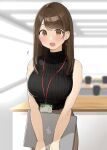  1girl black_shirt blurry blurry_background blush breasts brown_eyes brown_hair brown_skirt commentary_request earrings flying_sweatdrops high-waist_skirt highres holding_laptop id_card indoors jewelry lanyard large_breasts long_hair looking_at_viewer office_lady ol-chan_(ol_mahonanoka) ol_mahonanoka open_mouth original ribbed_shirt shade shirt shirt_tucked_in skirt sleeveless sleeveless_shirt solo swept_bangs 