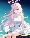  1girl absurdres angel_wings blue_archive breasts dress halo highres i_am_love large_breasts long_hair mika_(blue_archive) pink_hair pink_halo sitting sleeveless sleeveless_dress solo white_dress white_wings wings yellow_eyes 