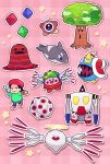  1girl acro_(kirby) adeleine checkered_background chiimako closed_eyes commentary_request halo holding holding_paintbrush hr-h king_dedede kirby kirby_(series) kirby_64 looking_at_viewer magman_(kirby) miracle_matter one-eyed open_mouth orca outline paintbrush pix_(kirby) red_headwear robot smile solid_oval_eyes star_(symbol) tree waddle_doo whispy_woods white_outline wings zero_two_(kirby) 