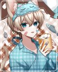  1boy animal_ears bandaid bandaid_on_face bandaid_on_hand blue_eyes cat_boy cat_ears cat_tail collared_shirt cup eye_mask food highres holding holding_cup hot_chocolate komusubi_moru light_brown_hair male_focus marshmallow original shirt solo sticker_on_face tail tongue tongue_out 