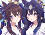  2girls :3 animal_ears black_hair blue_ribbon bright_pupils brown_hair ear_covers hair_between_eyes hair_ribbon hat highres horse_ears horse_girl long_hair looking_at_viewer multiple_girls prtn_(ttnx) purple_eyes ribbon sailor_hat shirt siblings single_ear_cover sisters twintails umamusume upper_body verxina_(umamusume) vivlos_(umamusume) white_headwear white_shirt 