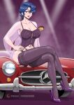  1girl absurdres artist_name blue_hair blush breasts brown_eyes bubblegum_crisis car cleavage convertible corset crossed_legs earrings fugubarakun hand_on_own_hip high_heels highres jewelry large_breasts lips lipstick looking_at_viewer makeup mercedes-benz motor_vehicle nail_polish on_vehicle panties patreon_logo pink_nails purple_background purple_corset purple_footwear purple_garter_belt purple_garter_straps purple_panties purple_thighhighs red_lips see-through short_hair simple_background sitting solo sylia_stingray thighhighs underwear 