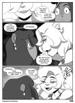 anthro blush blush_lines clothed clothing comic cricetid duo ear_piercing english_text felid female hair hair_over_eye hamster hi_res lion mammal monochrome nimzy noms_(nimzy) one_eye_obstructed pantherine piercing rodent text toiya_crimson 