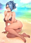  1girl arm_support arm_under_breasts bare_arms bare_legs bare_shoulders barefoot beach bikini black_bikini blue_hair breasts closed_mouth commentary_request day feet green_eyes gundam gundam_suisei_no_majo hair_over_one_eye henao_jazz highres large_breasts looking_at_viewer ocean one_eye_covered outdoors oyaman sand shore short_ponytail sitting solo swimsuit toes twitter_username yokozuwari 