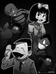  3boys bandaid bandaid_on_face black_background bow buttons closed_eyes commentary crossdressing evil_grin evil_smile gradient_background greyscale grin hair_bow hand_on_own_hip highres looking_at_object looking_at_viewer male_focus matsuno_osomatsu monochrome multiple_boys multiple_persona multiple_views neckerchief necktie osomatsu-kun otoko_no_ko pleated_skirt robbery sailor_collar scared school_uniform serafuku sharp_teeth shaved_head shirt skirt smile striped striped_shirt suit sweatdrop t-madoma taabou_(osomatsu-kun) teeth thick_eyebrows tougou_(osomatsu-kun) twitter_username waving wig 