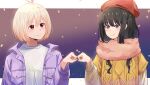  2girls absurdres beret black_hair blonde_hair blush bob_cut brown_sweater chai_haru closed_mouth commentary_request fist_bump hair_between_eyes hat highres inoue_takina jacket light_particles long_hair long_sleeves looking_at_another lycoris_recoil multiple_girls nishikigi_chisato official_alternate_costume one_side_up open_clothes open_jacket partial_commentary pink_scarf puffy_sleeves purple_background purple_eyes purple_jacket red_eyes red_headwear scarf short_hair sidelocks smile sweater sweater_vest upper_body white_sweater winter_clothes yellow_sweater_vest yuri 