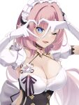  1girl blue_eyes breasts cleavage elbow_gloves elysia_(honkai_impact) flower gloves heart heart_hands highres honkai_(series) honkai_impact_3rd large_breasts looking_at_viewer maid maid_headdress one_eye_closed pink_hair pink_pupils pointy_ears smile ura_(hamburg_oniku) white_background white_gloves 