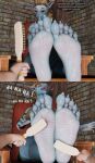  2022 3d_(artwork) 5_toes absurd_res anthro blue_body blue_scales brush claws dialogue digital_media_(artwork) dina_(raijin44) dragon english_text eyewear feet female female_focus foot_fetish foot_focus glasses hairbrush hi_res human humanoid_feet laugh mammal mature_female plantigrade raijin44 scales soles solo_focus text tickling tickling_feet toe_claws toes 