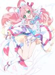  1girl absurdres ahoge ascot bow brooch commentary_request covered_nipples cure_prism detached_sleeves dress earrings elbow_gloves erect_clitoris glove_bow gloves green_eyes hair_bow highres hirogaru_sky!_precure jewelry long_hair looking_at_viewer magical_girl niko_(tama) pink_hair precure puffy_detached_sleeves puffy_sleeves v white_ascot white_bow white_dress white_gloves wing_brooch wing_hair_ornament 