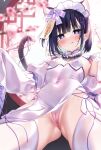  1girl animal_ears ass_visible_through_thighs black_hair blue_eyes blurry blurry_background blurry_foreground branch cameltoe cat_ears cat_girl cat_tail commentary_request covered_navel depth_of_field detached_sleeves dress flower from_below futaba_miwa heart heart-shaped_pupils highres juliet_sleeves long_sleeves looking_at_viewer looking_down ofuda original panties pink_flower pink_panties puffy_sleeves purple_ribbon ribbon round_window sleeveless sleeveless_dress sleeves_past_fingers sleeves_past_wrists solo symbol-shaped_pupils tail tail_raised thighhighs underwear white_dress white_sleeves white_thighhighs window 
