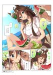  1girl 1other ahoge animal_ears biting breasts brown_hair closed_eyes day finger_biting food food_on_face fruit gaze_on_me!_outfit_(umamusume) green_eyes hair_between_eyes hair_ornament hairclip hat head_tilt holding holding_food horse_ears horse_girl horse_tail looking_at_viewer male_swimwear midriff mini_hat mini_top_hat misu_kasumi mountainous_horizon mr._c.b._(umamusume) navel open_mouth outdoors pointing pointing_at_self scrunchie shirt short_sleeves sitting small_breasts smile sound_effects speech_bubble swim_trunks tail tied_shirt top_hat translation_request umamusume watermelon watermelon_slice white_shirt wrist_scrunchie 