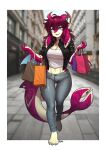  absurd_res anthro blue_eyes clothed clothing female fish fully_clothed hair hi_res marine outside pgm300 purple_body purple_hair shopping_bag solo 