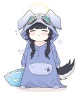  1girl animal_costume animal_ears animal_hood black_hair blue_archive blush bone_print closed_eyes closed_mouth dog_ears dog_hood dog_tail facing_viewer goggles goggles_on_head halo hibiki_(blue_archive) highres holding holding_pillow hood hood_up hoodie long_hair long_sleeves pajamas pillow simple_background sleep_bubble sleep_mask sleeping sleepy solo standing tail white_background yosik 