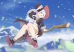  1girl :d blue_eyes blue_sky blurry blurry_background broom broom_riding commentary day elaina_(majo_no_tabitabi) flying hair_between_eyes hat highres long_hair long_sleeves looking_away majo_no_tabitabi motsutoko mountain outdoors sky smile solo white_hair witch_hat 