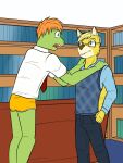  2018 amphibian book bookshelf bottomwear briefs clothed clothing duo eyewear frog furniture fuze glasses hi_res male male/male mammal necktie pants rodent sciurid shirt size_difference sweater teenager topwear tree_squirrel underwear yellow_briefs yellow_clothing yellow_underwear young 