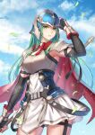  1girl absurdres anbe_yoshirou armor black_gloves blue_sky breastplate cape cloud commentary_request cowboy_shot day dress elbow_gloves english_commentary fingerless_gloves fire_emblem fire_emblem:_radiant_dawn fire_emblem_heroes gloves green_eyes green_hair helmet highres holding holding_weapon long_hair looking_at_viewer mixed-language_commentary nephenee_(fire_emblem) nephenee_(resplendent)_(fire_emblem) parted_lips pauldrons red_cape short_dress shoulder_armor sky solo standing thighs very_long_hair weapon white_dress 