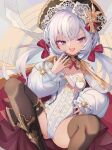  1girl absurdres azur_lane breasts coat cross flandre_(azur_lane) green_eyes hair_ribbon hand_up hat highres leotard long_sleeves low_twintails open_mouth puffy_long_sleeves puffy_sleeves red_ribbon ribbon skirt small_breasts smile smug solo thighs twintails white_coat white_hair white_leotard znx_xin 