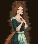 2022 anthro breasts brown_hair brown_nose canid canine claws clothed clothing digital_media_(artwork) eyebrows female fingers fox fur hair hi_res koiren long_hair looking_at_viewer mammal simple_background solo thaedael watermark white_body white_fur 