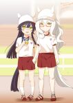  2girls :d aged_down animal_ears animal_hat baseball_cap biwa_hayahide_(umamusume) blurry blurry_background blush_stickers closed_mouth dated depth_of_field fake_animal_ears gym_shirt gym_shorts gym_uniform hat holding_hands horse_ears horse_tail kuzumochi_(kuzumochiya) long_hair medal multiple_girls narita_brian_(umamusume) puffy_short_sleeves puffy_sleeves red_shorts shirt shoes short_sleeves shorts smile socks standing tail twitter_username umamusume very_long_hair white_footwear white_hair white_headwear white_shirt white_socks yellow_eyes 