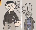  anthro canid canine clothing coat disney duo ears_up eyes_closed female fox hat headgear headwear judy_hopps lagomorph leporid male male/female mammal nick_wilde rabbit scar smile spoof_(artist) topwear zistopia zootopia 