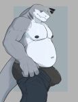  amiryth anthro black_clothing black_nipples black_underwear bottomwear bulge clothed clothing fish hi_res looking_down male marine meme multicolored_body nipples overweight overweight_male pants shark solo tail tight_pants_(meme) topless two_tone_body underwear yosef_(amiryth) 