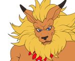  2023 3rdharleyjoe anthro bandai_namco black_nose blue_eyes clothed clothing digimon digimon_(species) ear_piercing ear_ring flat_colors fur half-length_portrait leomon looking_at_viewer male mane piercing portrait prick_ears ring_piercing simple_background snout solo topless topless_anthro topless_male unfinished white_background yellow_body yellow_fur zoom_in 